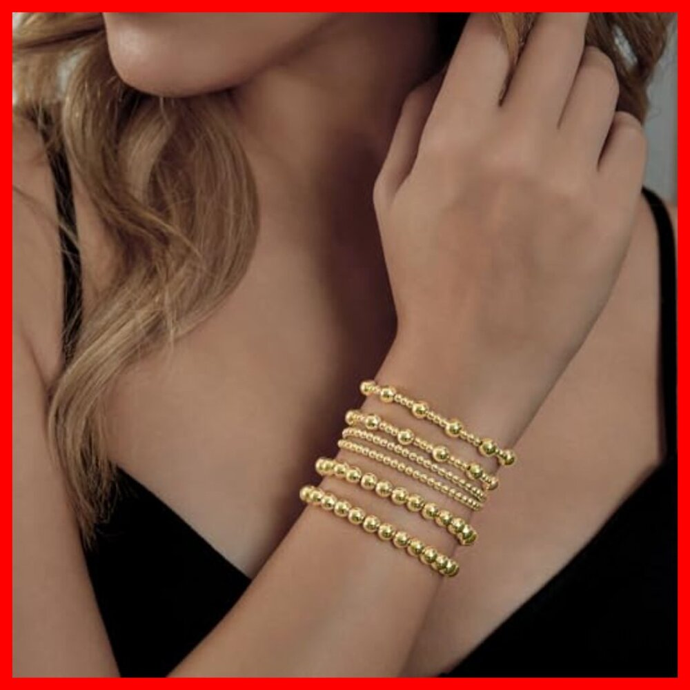 14k Gold Plated Stackable Bead Ball Bracelet Set … - image 4